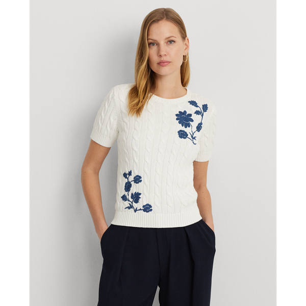 Shop Lauren Ralph Lauren Floral Cable-knit Short-sleeve Sweater In White/indigo Dusk