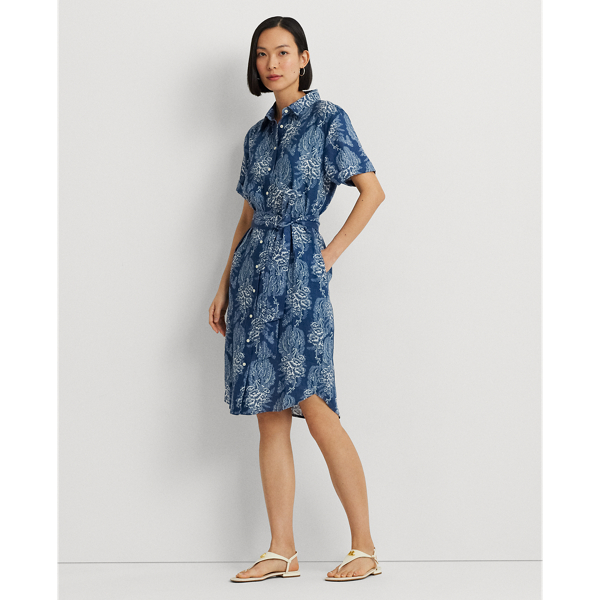 Shop Lauren Ralph Lauren Floral Belted Linen Shirtdress In Blue/cream