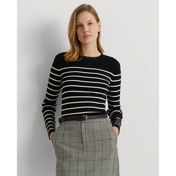 Shop Lauren Ralph Lauren Striped Crewneck Sweater In Black/mascarpone Cream