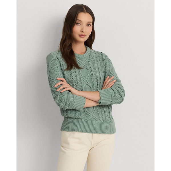 Lauren Ralph Lauren Aran-knit Cotton-blend Crewneck Sweater In Soft Laurel