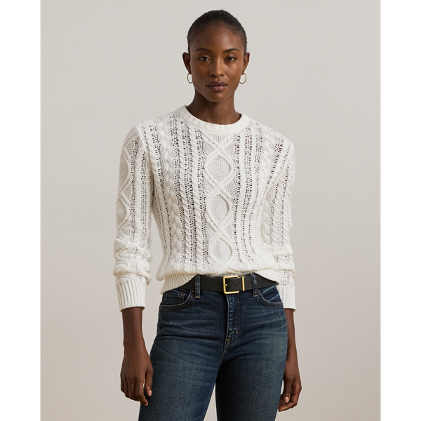 Ralph Lauren Aran-knit Cotton-blend Crewneck Sweater In White
