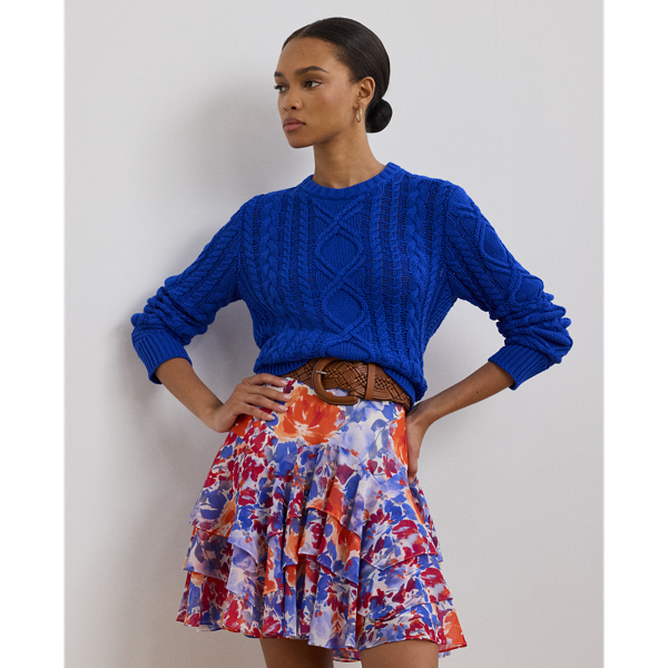 Ralph Lauren Aran-knit Cotton-blend Crewneck Sweater In New Sapphire