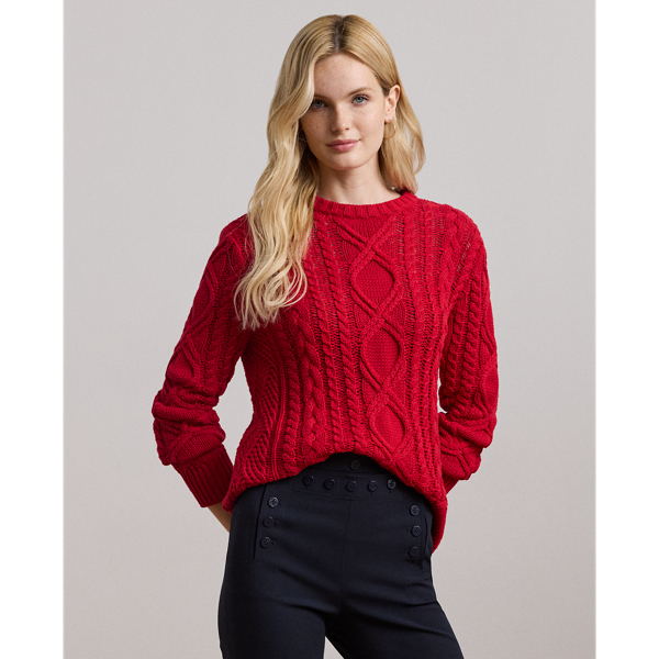 Ralph Lauren Women's Aran-knit Cotton-blend Crewneck Sweater, Regular & Petite In Festive Red