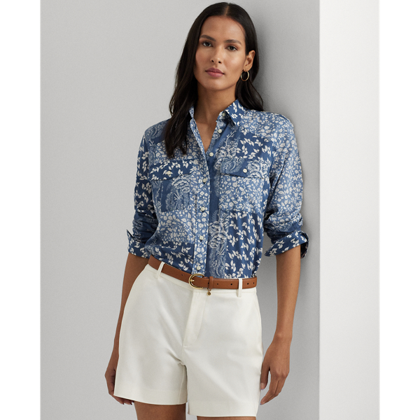 Shop Lauren Ralph Lauren Classic Fit Patchwork Floral Voile Shirt In Blue/cream