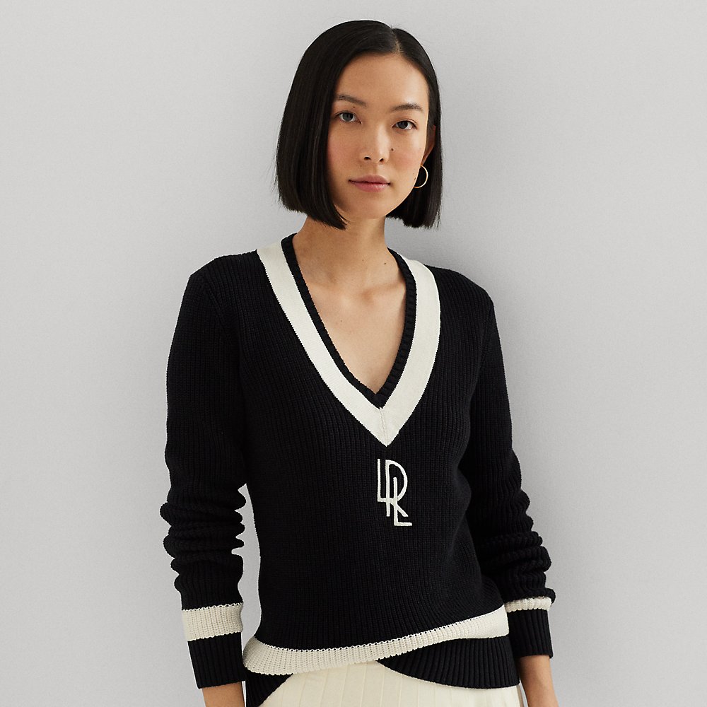 Shop Lauren Ralph Lauren Rib-knit Cotton Cricket Sweater In Black/mascarpone Cream
