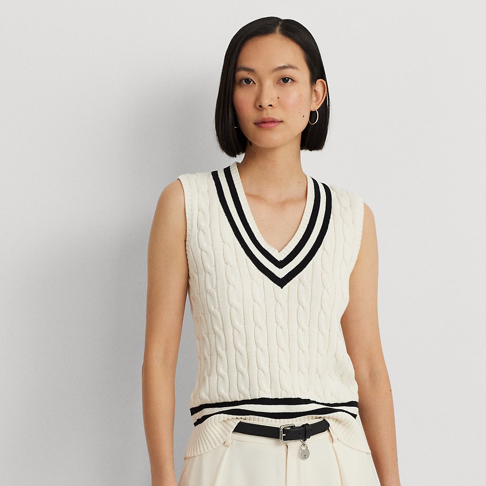 Shop Lauren Ralph Lauren Cable-knit Cotton Cricket Sweater Vest In Mascarpone Cream/black