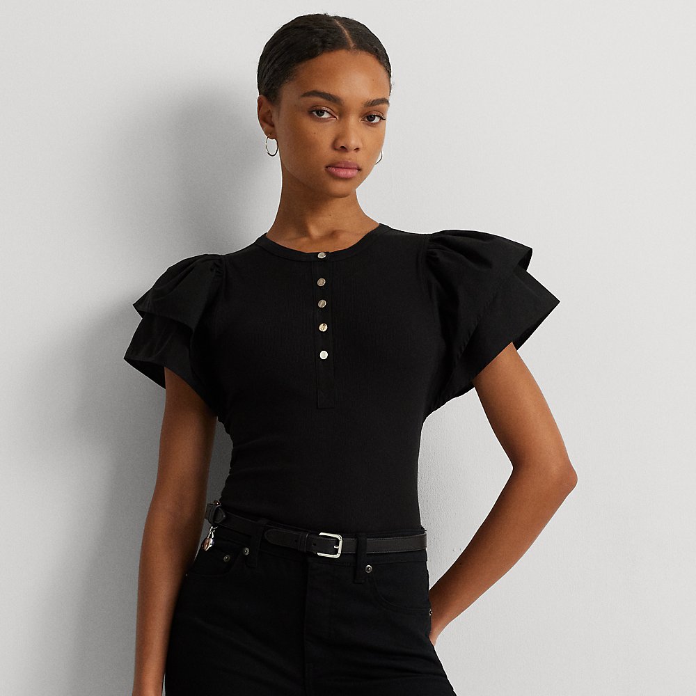 Shop Lauren Ralph Lauren Stretch Cotton Flutter-sleeve Henley Top In Black