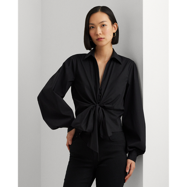 Shop Lauren Ralph Lauren Tie-waist Cotton-blend Shirt In Black