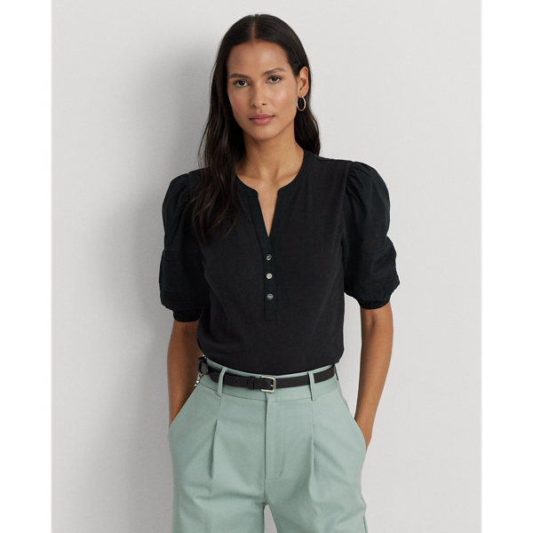 Ralph Lauren Lace-trim Jersey Puff-sleeve Henley Tee In Black