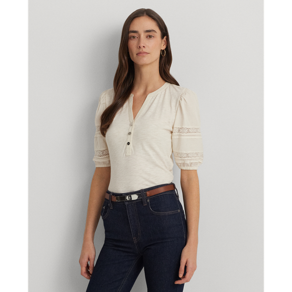 Ralph Lauren Lace-trim Jersey Puff-sleeve Henley Tee In Mascarpone Cream