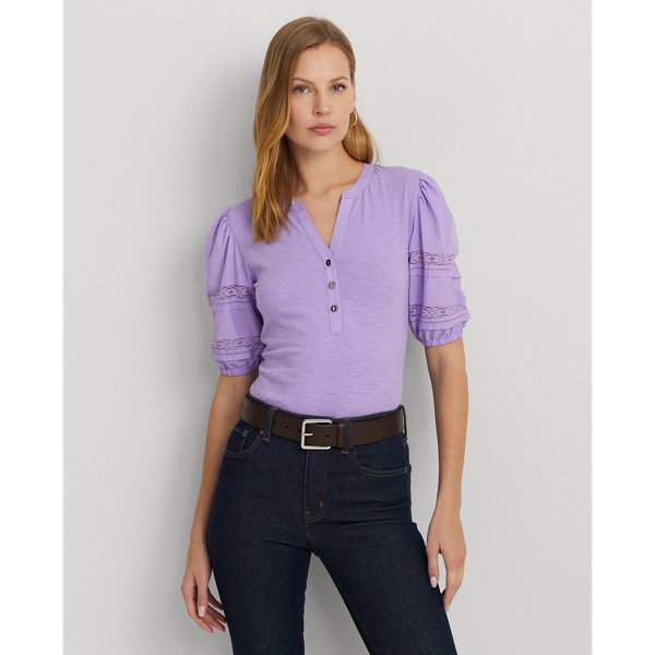 Ralph Lauren Petite Lace-trim Puff-sleeve Henley Tee In Wild Lavender