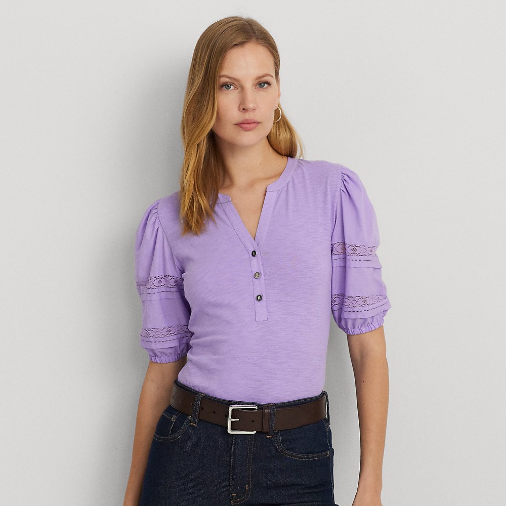 Shop Lauren Ralph Lauren Lace-trim Jersey Puff-sleeve Henley Tee In Wild Lavender