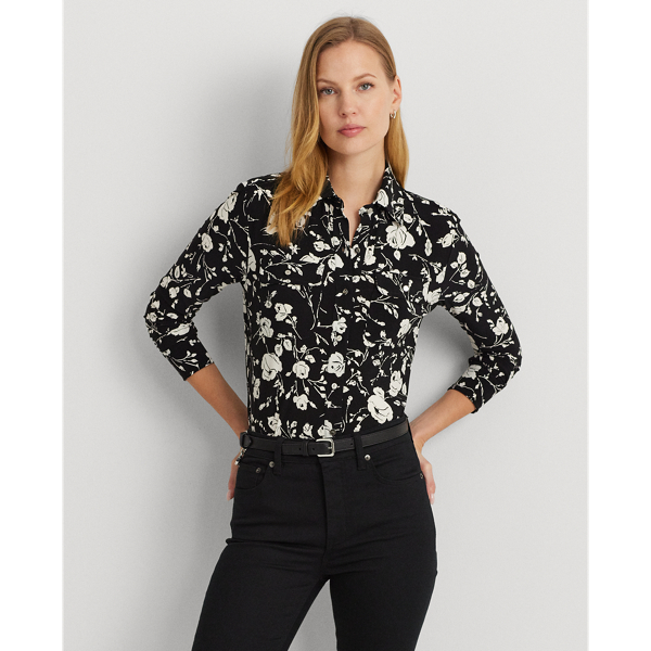 Lauren Ralph Lauren Slim Fit Floral Stretch Jersey Shirt In Black/cream