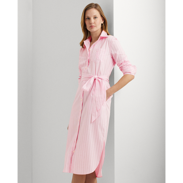 Shop Lauren Ralph Lauren Striped Belted Broadcloth Shirtdress In Pink/white Multi