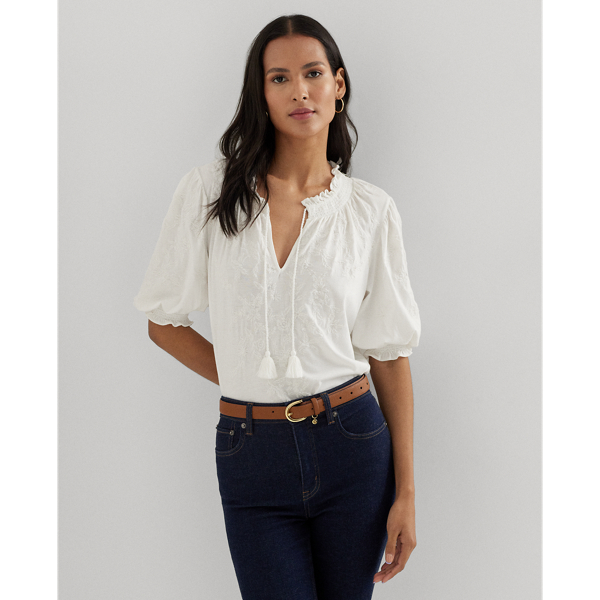 Shop Lauren Ralph Lauren Embroidered Jersey Puff-sleeve Top In White