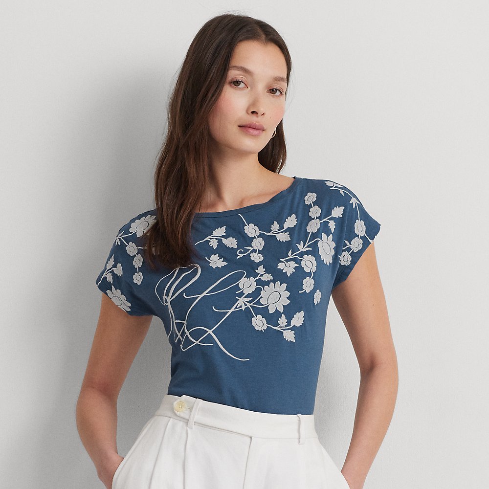 Shop Lauren Ralph Lauren Floral-embroidered Jersey Tee In Indigo Dusk/white