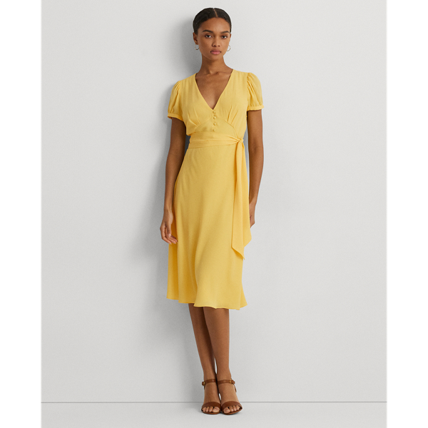 Lauren Ralph Lauren Belted Georgette Puff-sleeve Dress In Primrose Yellow