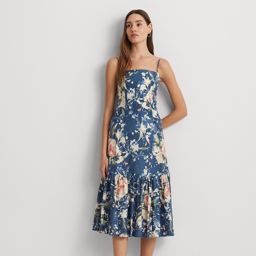 Shop Lauren Ralph Lauren Floral Linen-blend Sleeveless Dress In Blue Multi