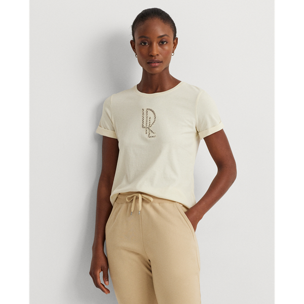Shop Lauren Ralph Lauren Beaded-logo Cotton-blend-jersey Tee In Mascarpone Cream