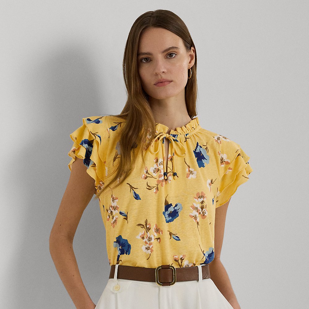 Lauren Ralph Lauren Floral Linen-blend Jersey Tie-neck Top In Yellow Multi