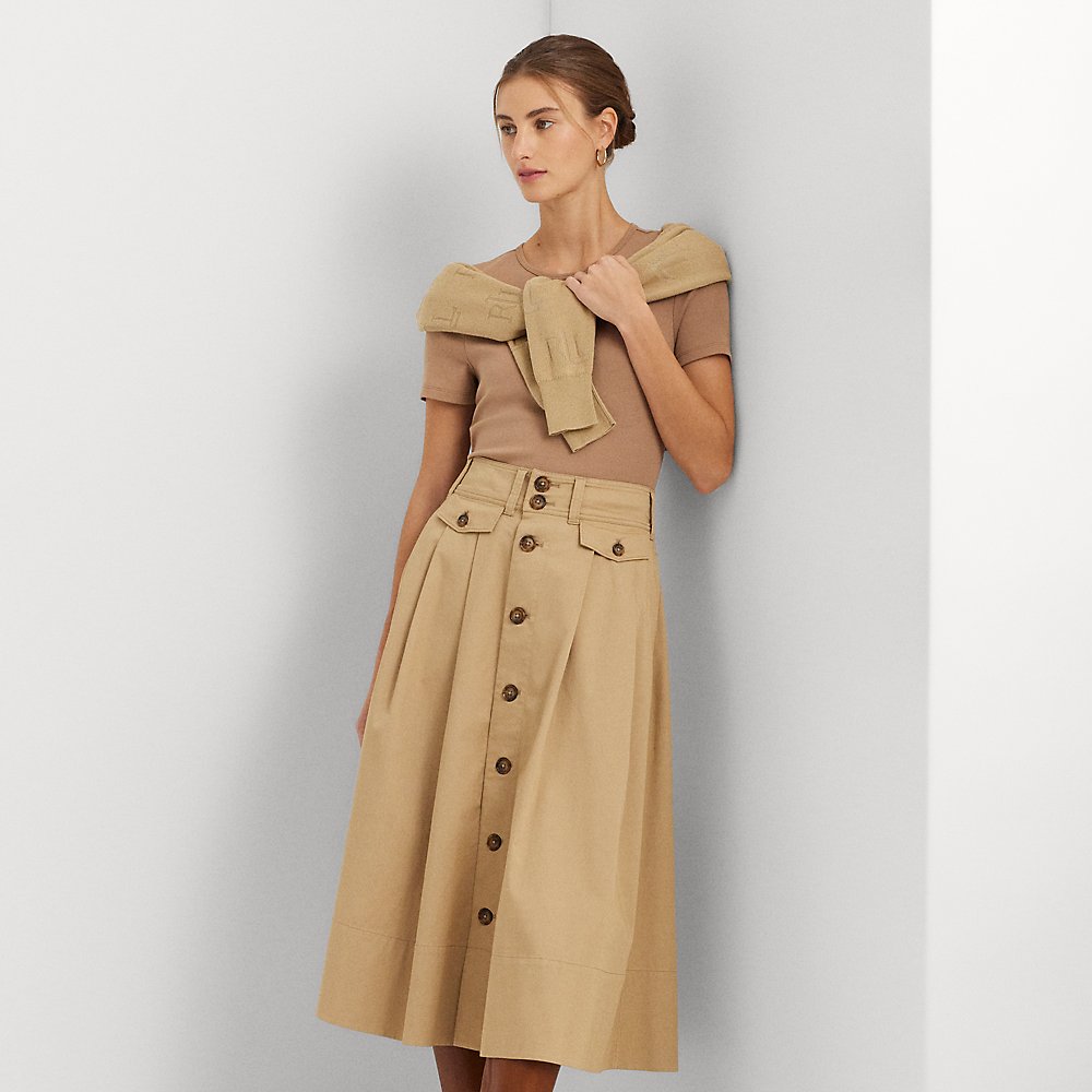 Shop Lauren Ralph Lauren Button-front Micro-sanded Twill Skirt In Birch Tan