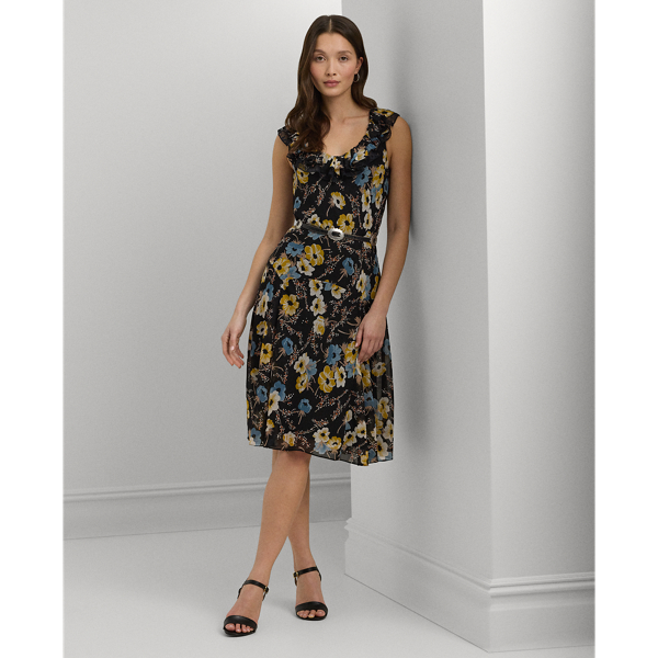 RALPH LAUREN FLORAL BELTED CRINKLE GEORGETTE DRESS