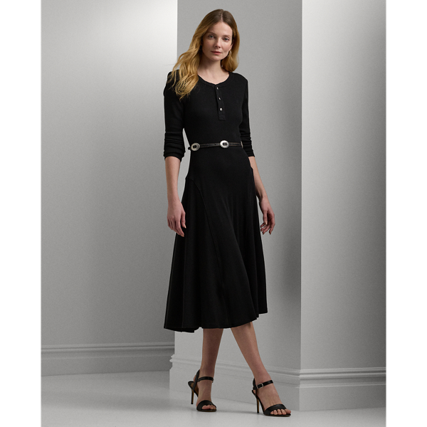 Laurèn Belted Waffle-knit Cotton Henley Dress In Black