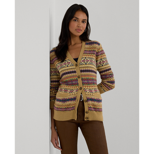 Laurèn Fair Isle Cotton-linen V-neck Cardigan In Grey