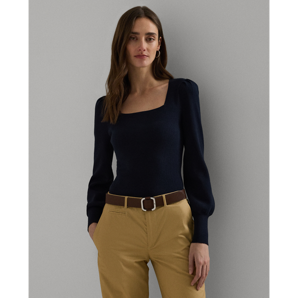 Ralph Lauren Rib-knit Puff-sleeve Sweater In Lauren Navy