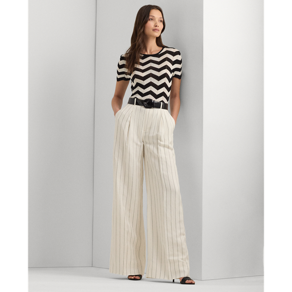 Shop Lauren Ralph Lauren Striped Linen-blend Wide-leg Pant In Mascarpone Cream/black