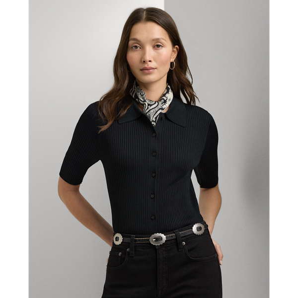 Lauren Ralph Lauren Rib-knit Elbow-sleeve Polo Cardigan In Black