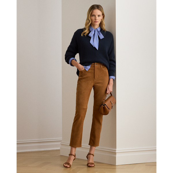 Ralph Lauren High-rise Goat-suede Straight Ankle Pant In Brown