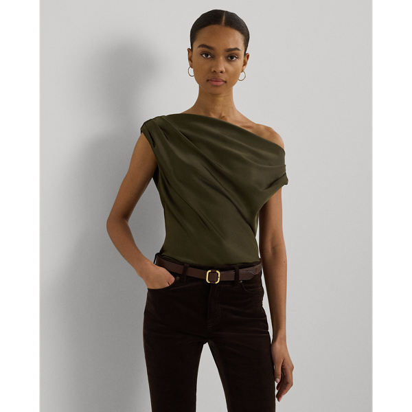 Ralph Lauren Satin Charmeuse Off-the-shoulder Blouse In Botanic Green