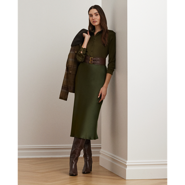Ralph Lauren Satin Charmeuse Midi Skirt In Botanic Green