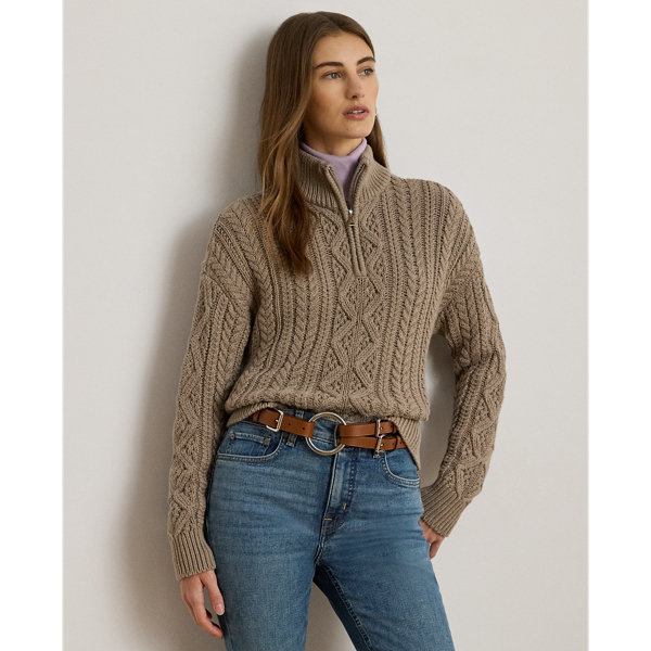 Ralph Lauren Aran-knit Cotton Quarter-zip Pullover In Gray