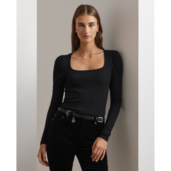 Ralph Lauren Stretch Cotton Ribbed Puff-sleeve Tee In Black