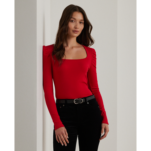 Ralph Lauren Stretch Cotton Ribbed Puff-sleeve Tee In Festive Red