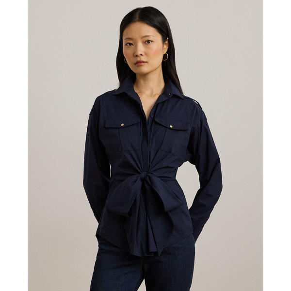 Ralph Lauren Women's Tie-front Cotton-blend Shirt In Lauren Navy