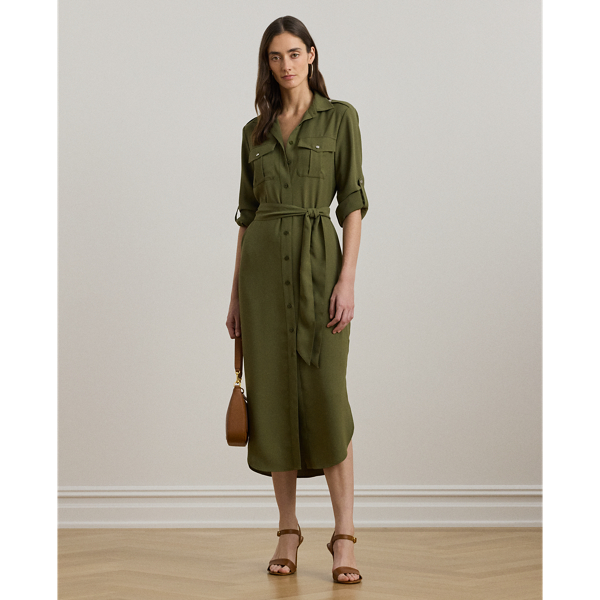 Ralph Lauren Belted Double-faced Georgette Shirtdress In Olive Grove
