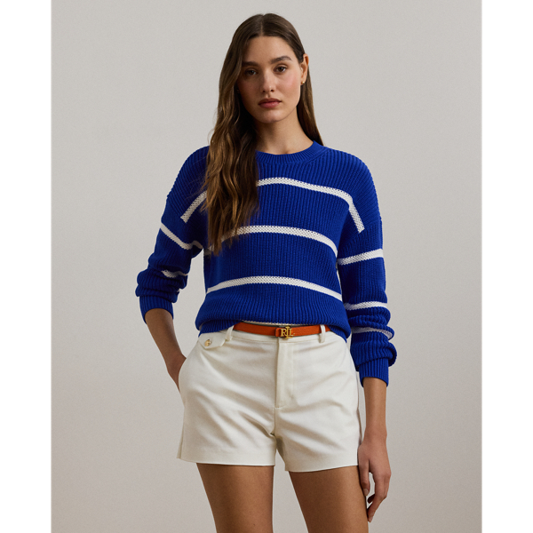 Pull rayé et côtelé à col rond en coton - Lauren - Modalova