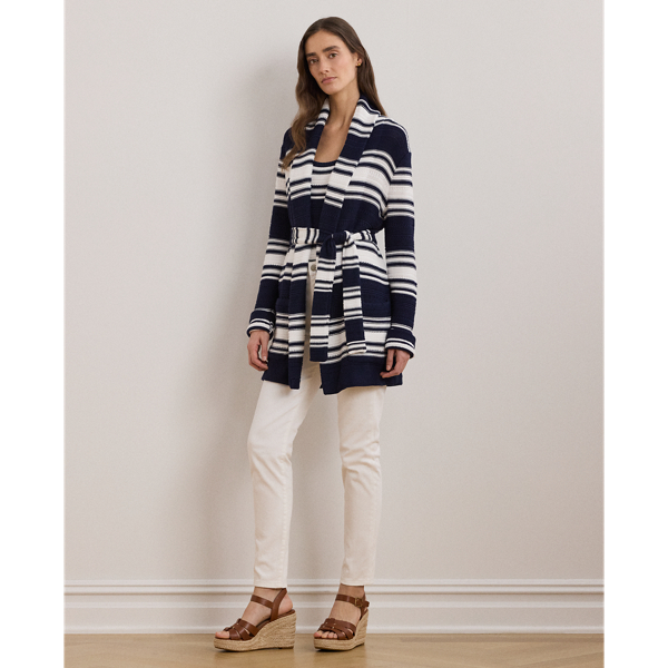 Cardigan ceinturé rayé en coton mélangé - Lauren - Modalova