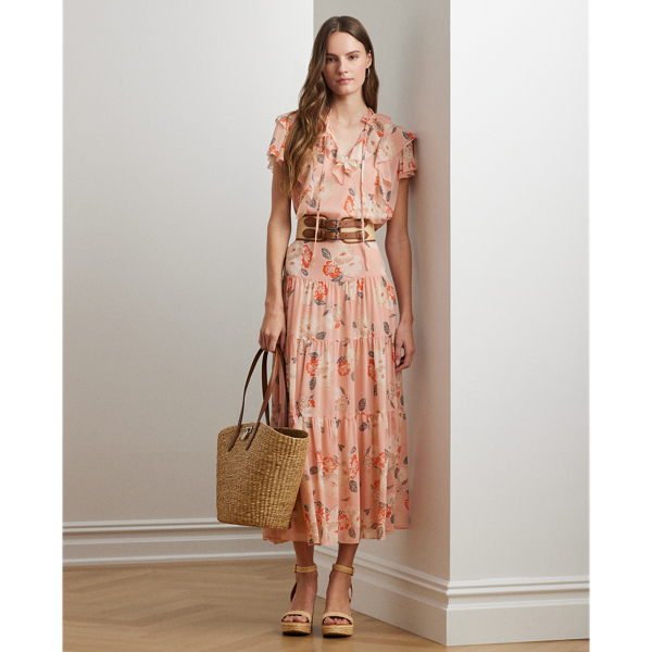 Ralph Lauren Floral Crinkle Georgette Tiered Skirt In Pink Multi