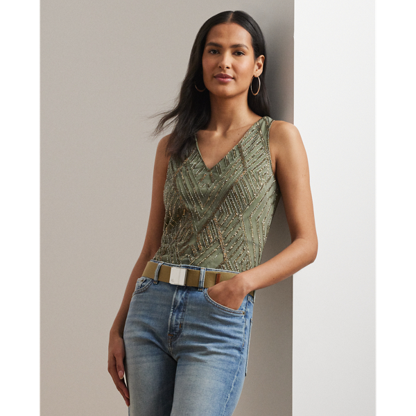 Ralph Lauren Beaded Mesh Sleeveless Blouse In Olive Multi
