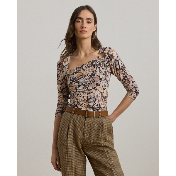 RALPH LAUREN FLORAL STRETCH JERSEY ASYMMETRICAL TOP 