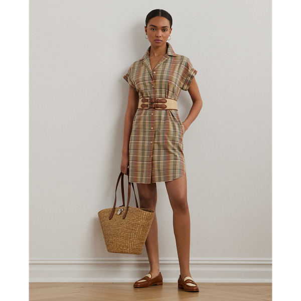 Shop Ralph Lauren Belted Cotton Madras Shirtdress In Green/tan/blue Multi
