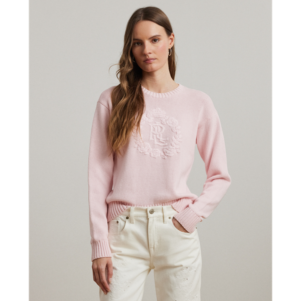 Shop Ralph Lauren Floral-logo Combed Cotton Sweater In Hint Of Pink