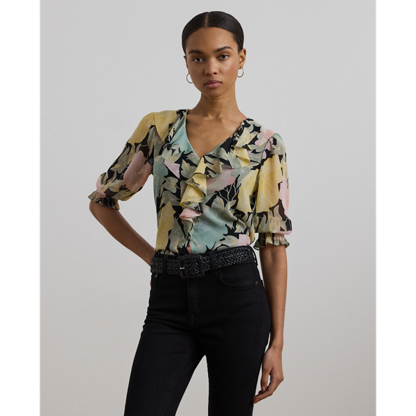 Shop Ralph Lauren Floral Georgette Ruffle-trim Blouse In Black/pink/green