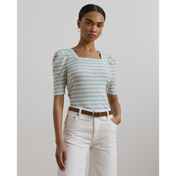 RALPH LAUREN STRIPED COTTON JERSEY PUFF-SLEEVE TEE 