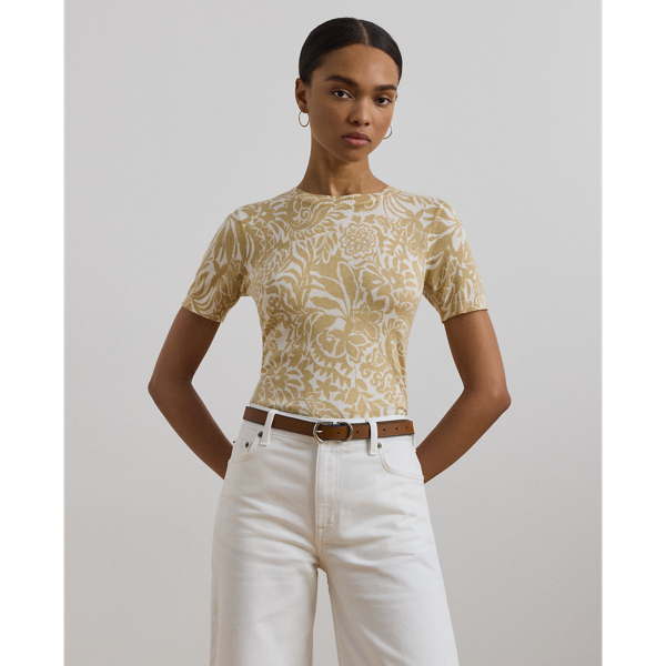 Ralph Lauren Petite Floral Cotton-blend Short-sleeve Sweater In Cream Multi