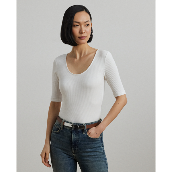 Shop Ralph Lauren Rib-knit Cotton-blend Elbow-sleeve Tee In White